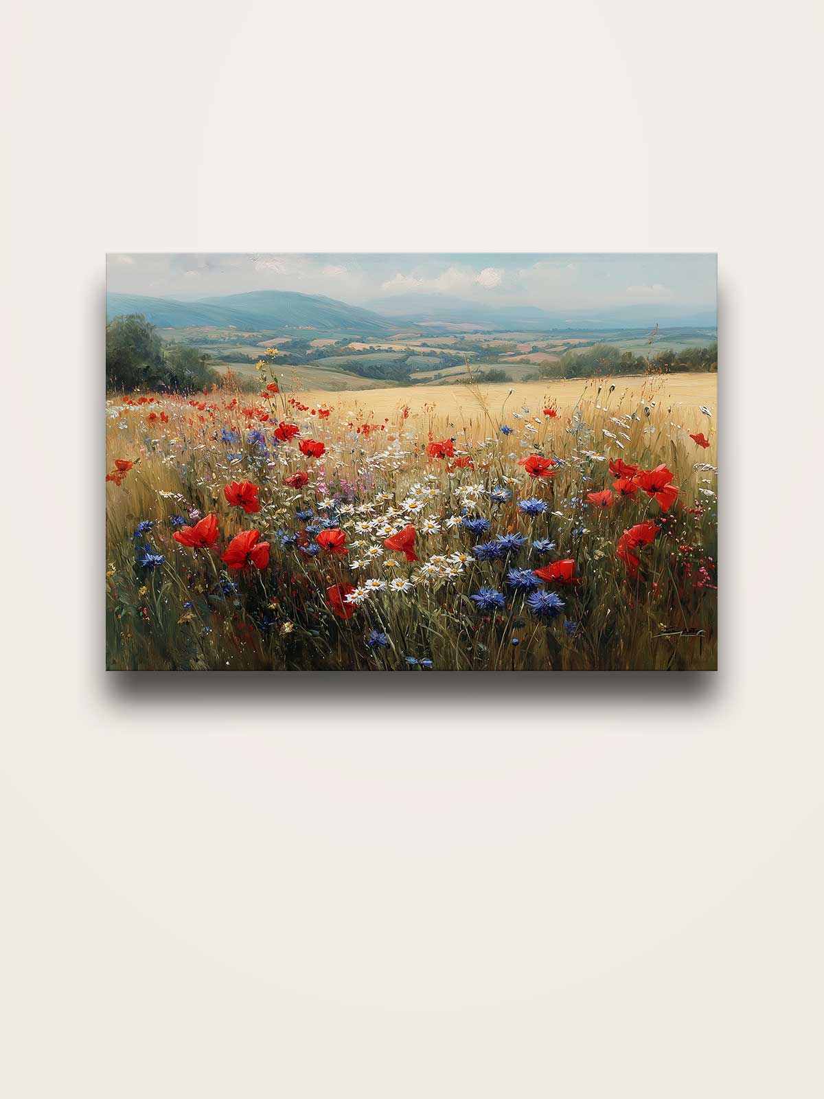 A vibrant field of red poppies and blue wildflowers stretches across the landscape, with rolling hills and a cloudy sky in the distance.