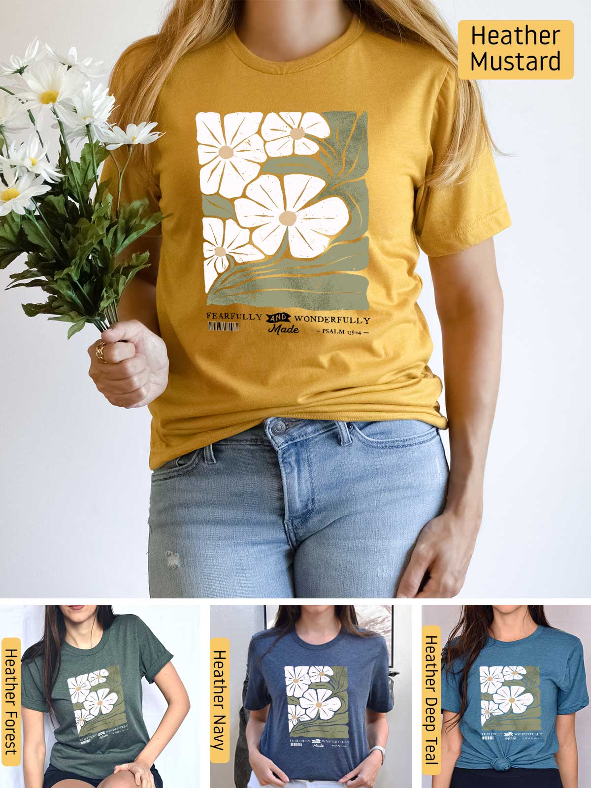 a woman wearing a t - shirt with flowers on it