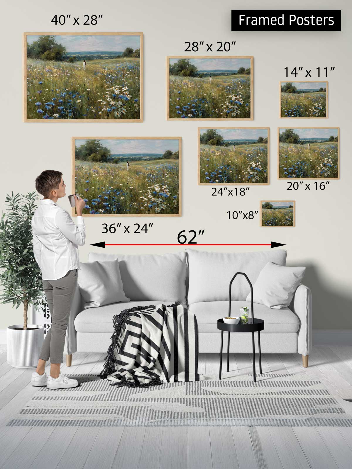 The image is a collage of framed posters of various sizes, including landscape and floral scenes, displayed on a wall in a living room setting.