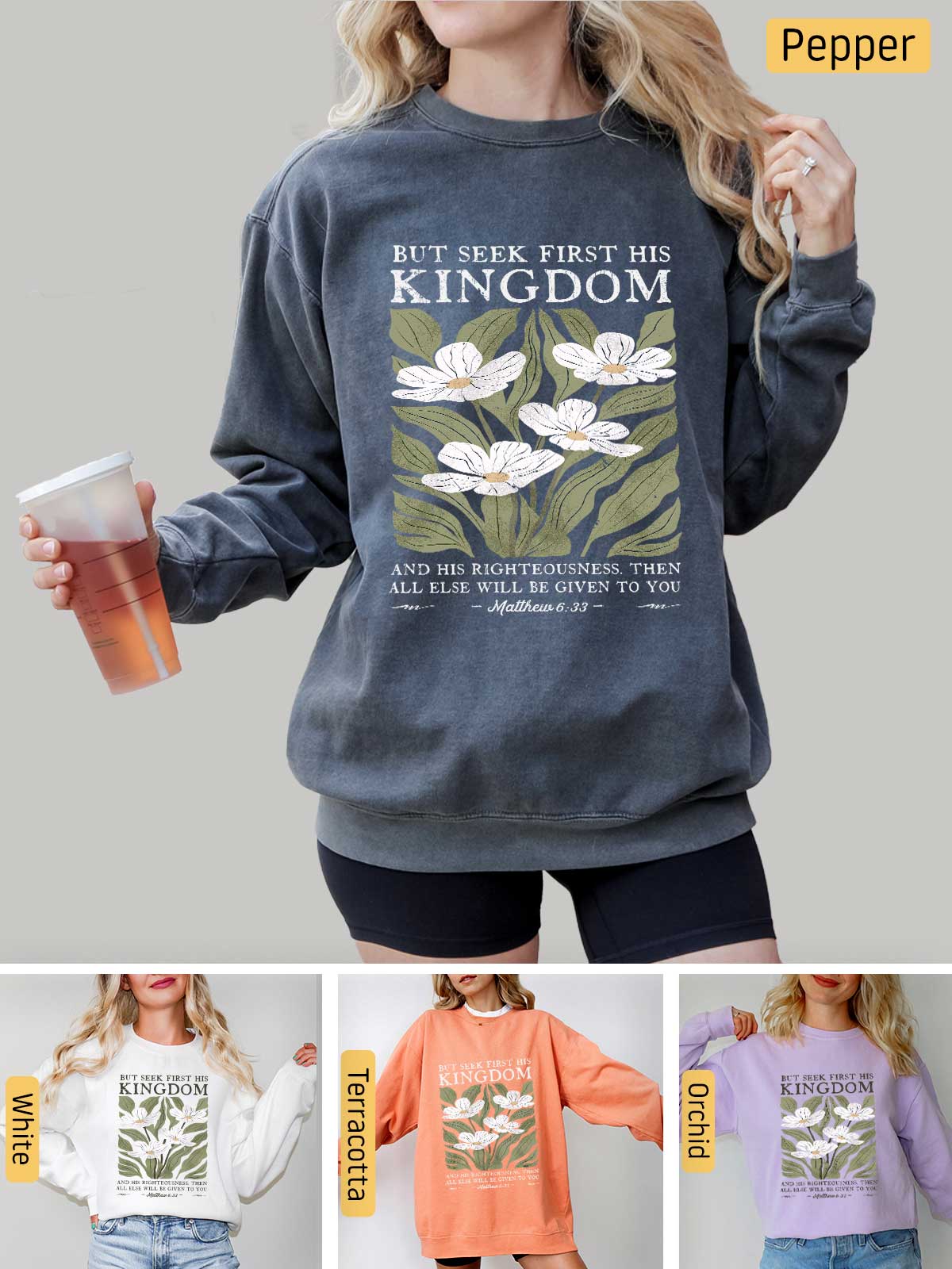 a woman wearing a sweatshirt with a flower on it