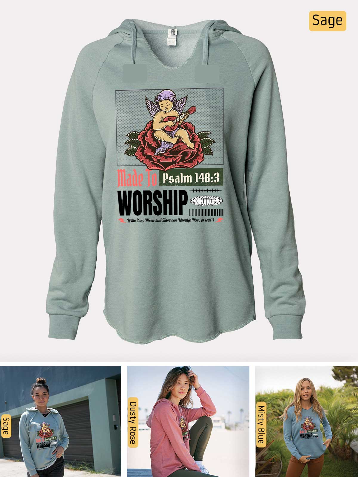 a women's sweatshirt with a picture of a woman sitting on a bench