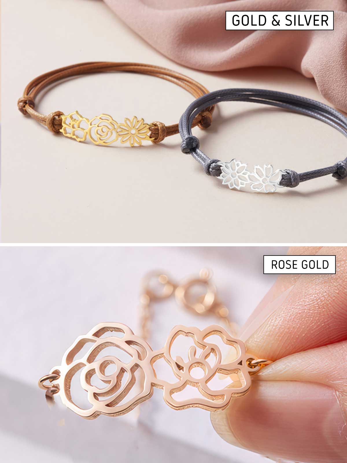 two different bracelets with gold and silver designs