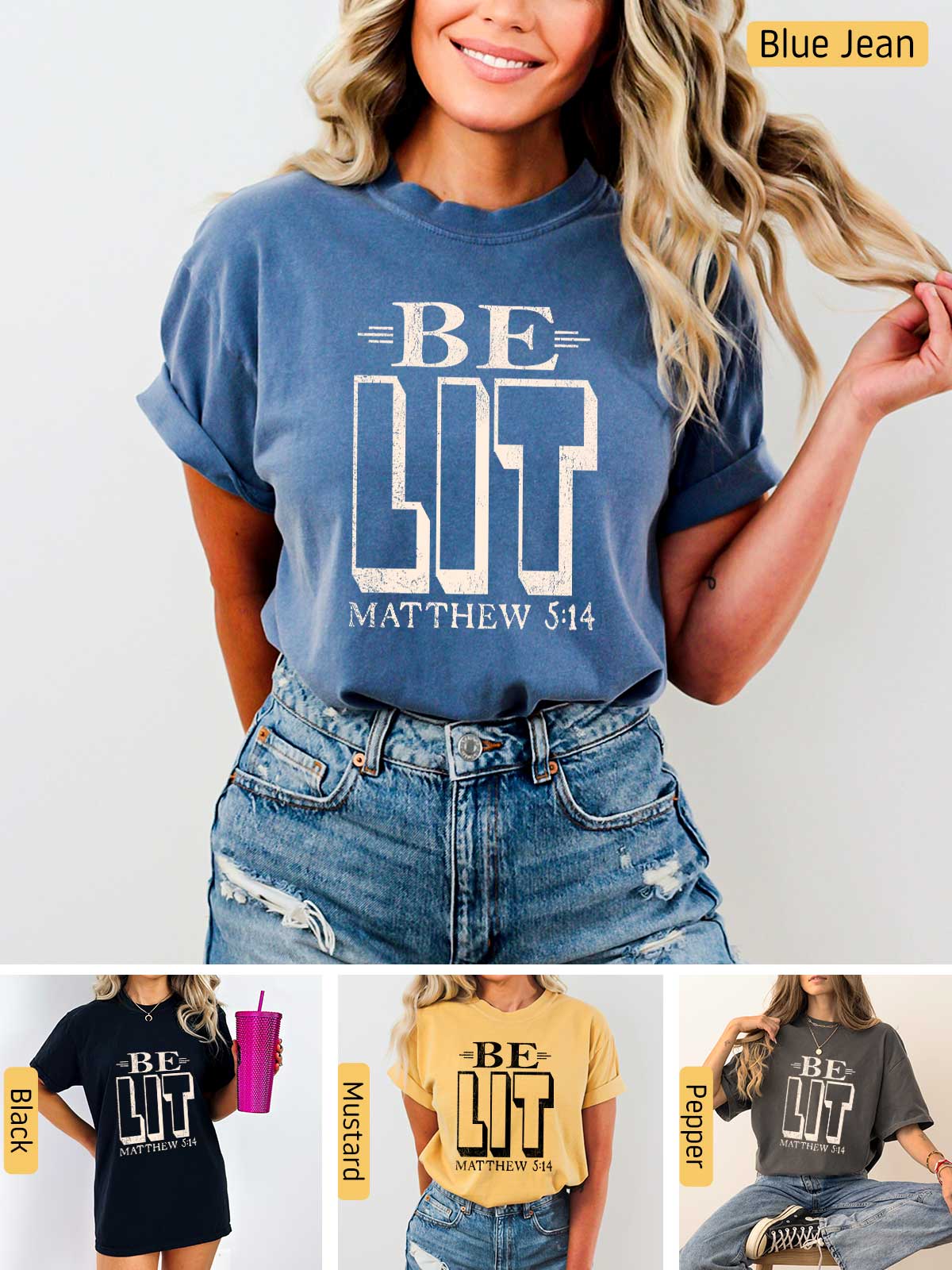 a woman wearing a t - shirt with the words be lit on it