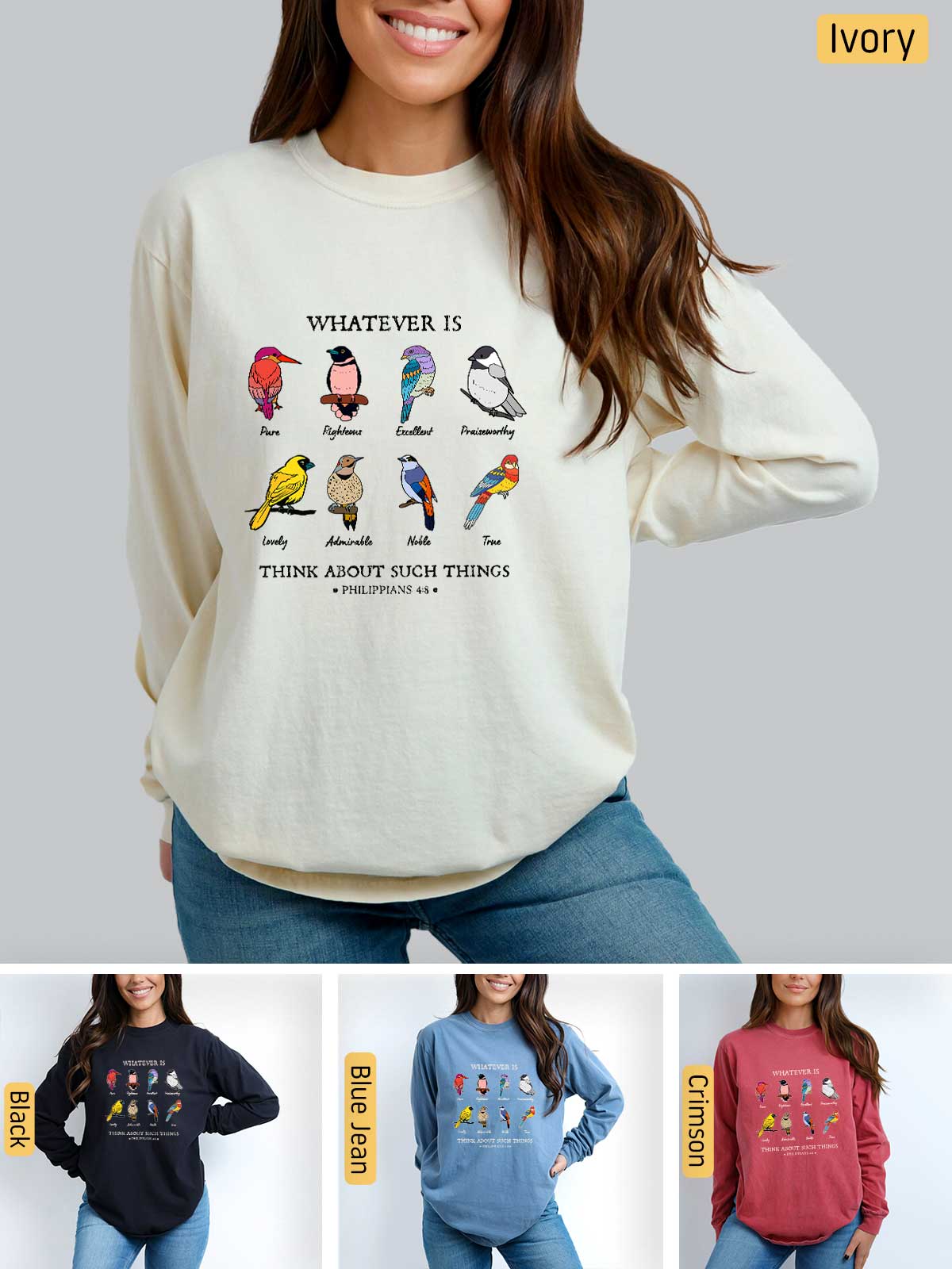 a woman wearing a sweater with different birds on it