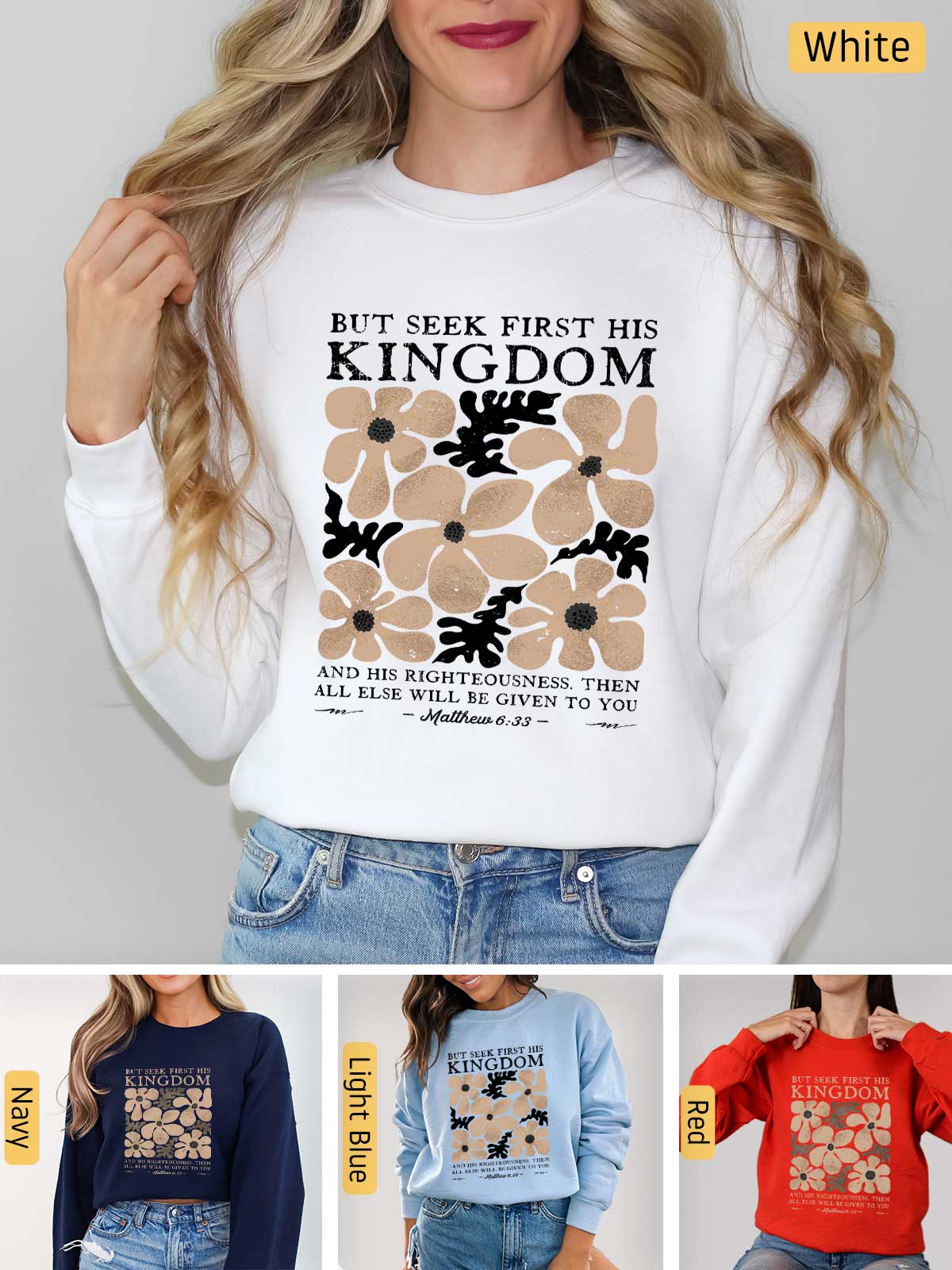 a woman wearing a sweatshirt that says, but see first his kingdom