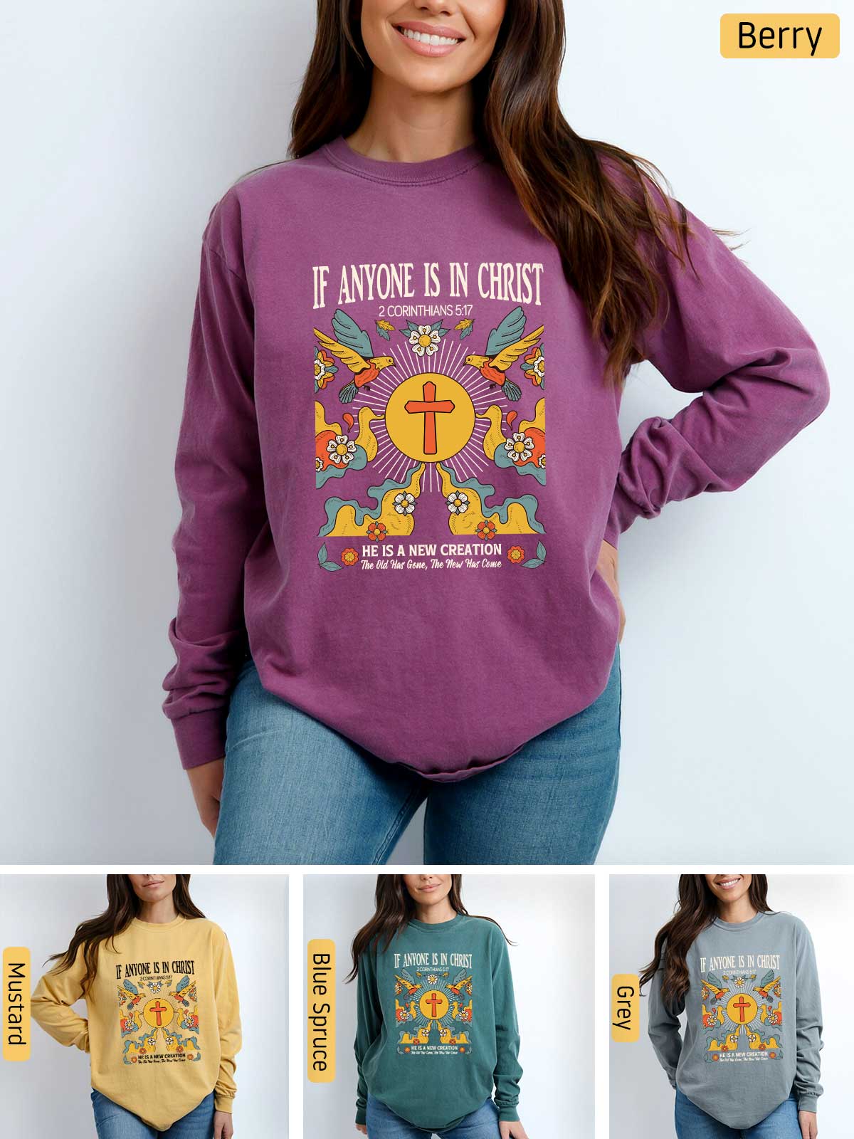 a woman wearing a purple sweatshirt with the words if anyone is in christ on it