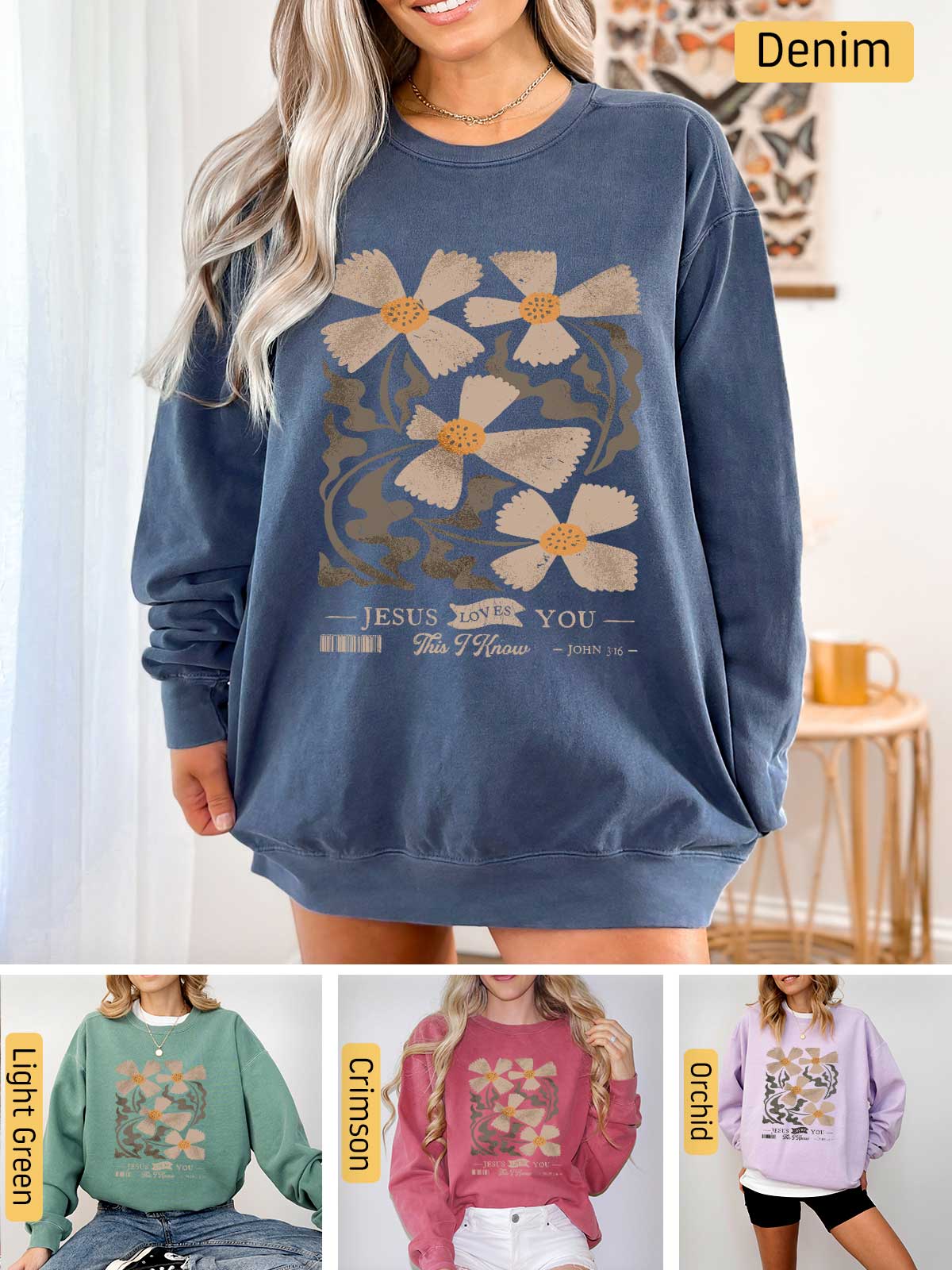 a woman wearing a sweatshirt with flowers on it