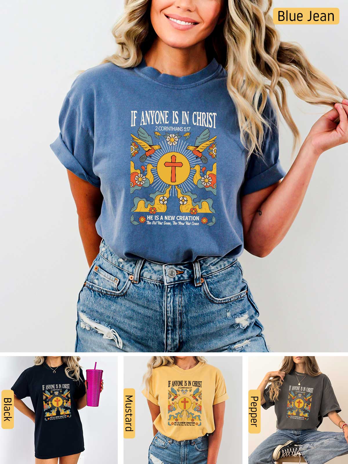 a woman wearing a t - shirt that says, if anyone is in christ,