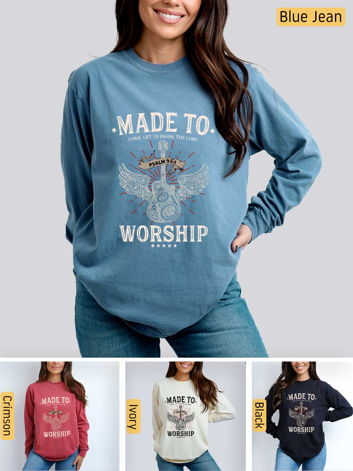 a woman wearing a sweatshirt that says made to worship