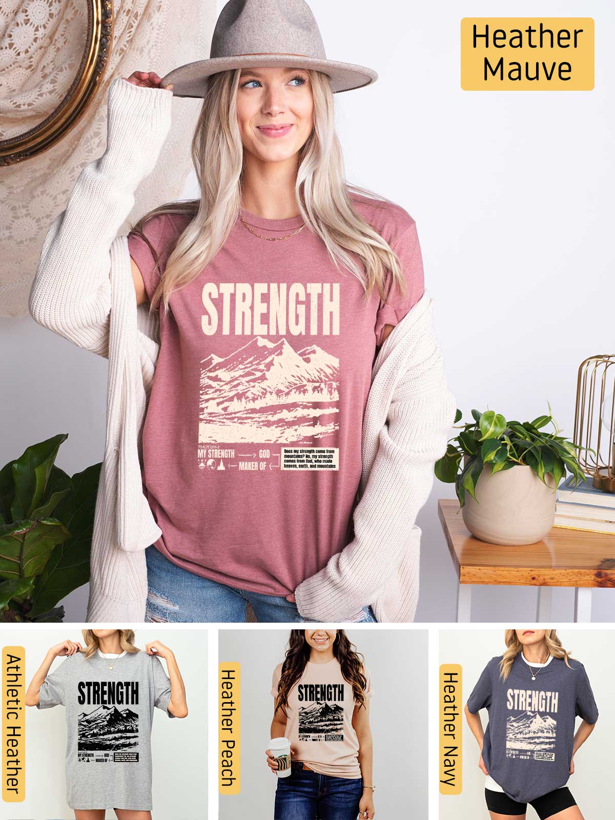 a woman wearing a hat and a shirt that says strength