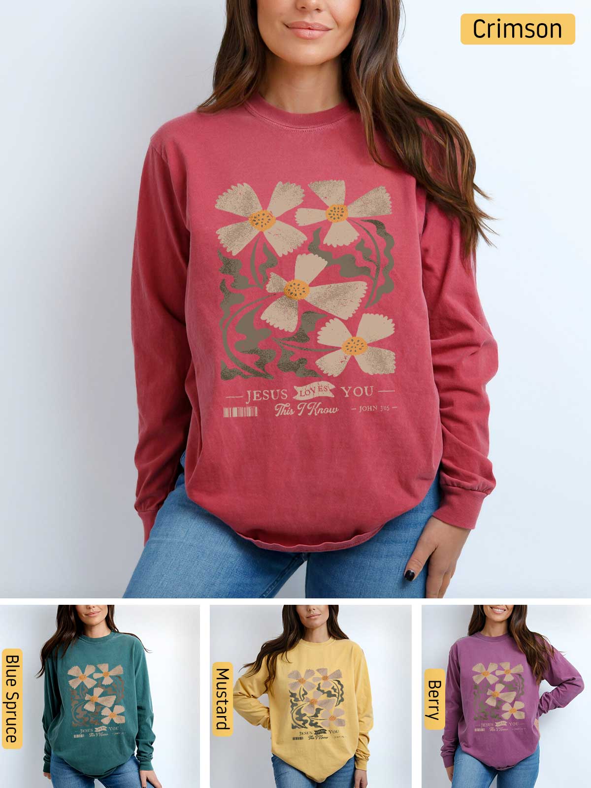 a woman wearing a sweatshirt with flowers on it