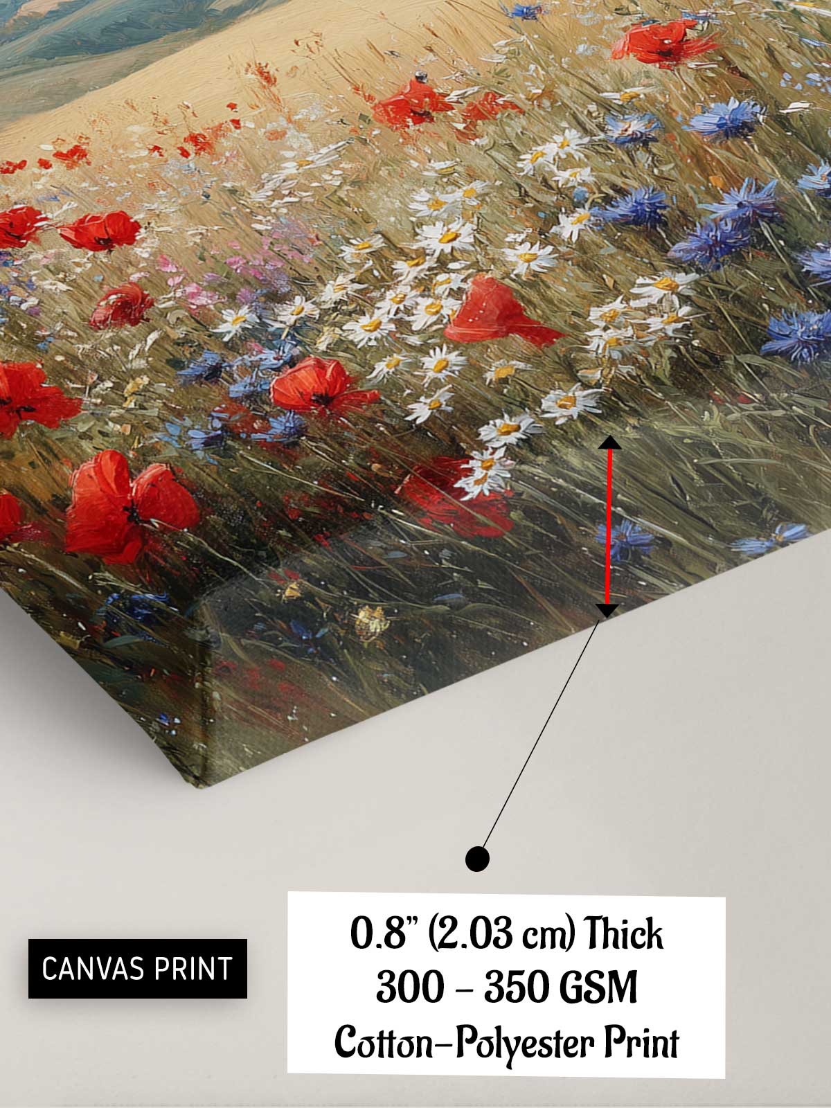 The image is a canvas print depicting a field of red poppies and white daisies.