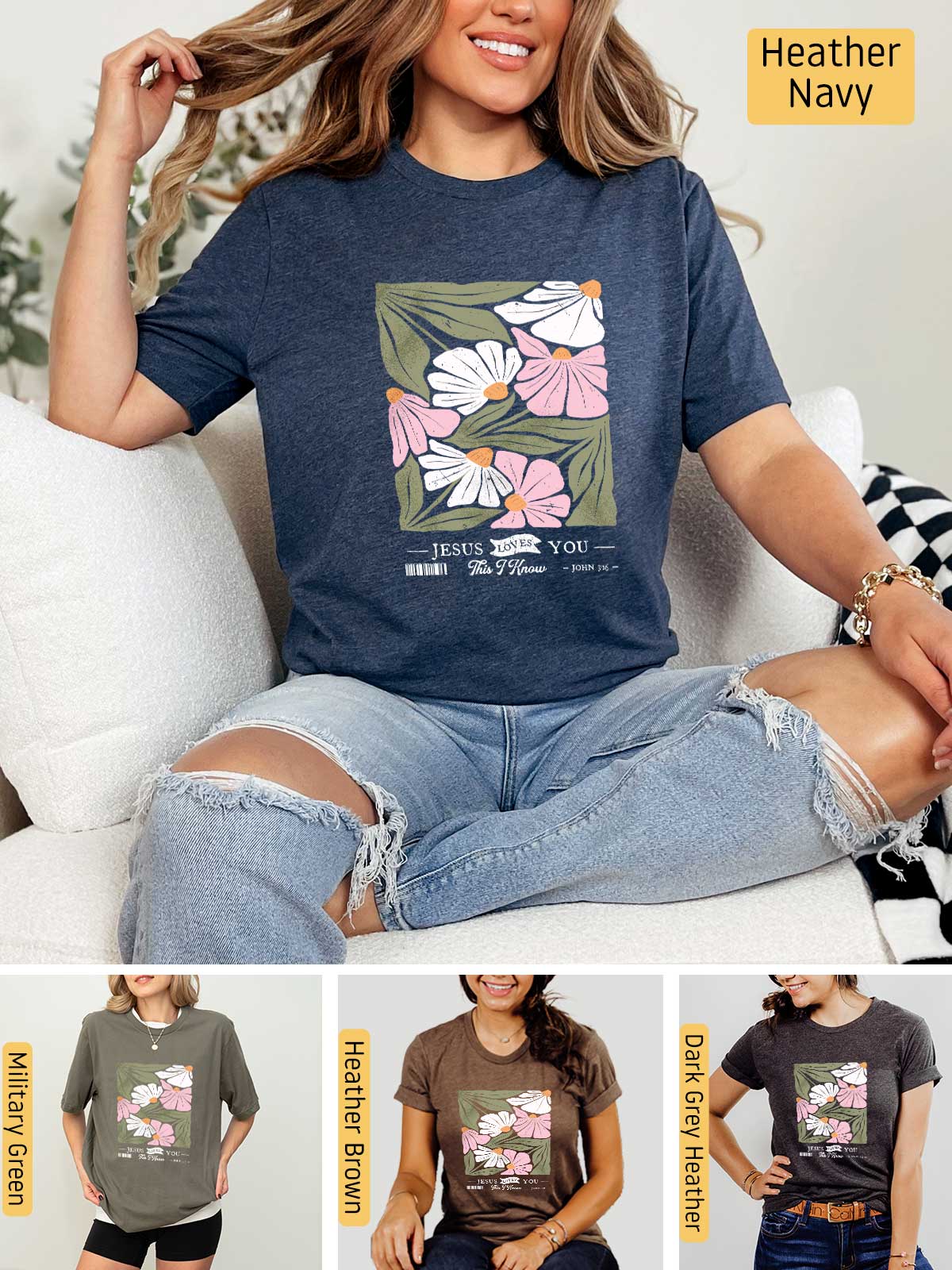 a woman sitting on a couch wearing a t - shirt with flowers on it