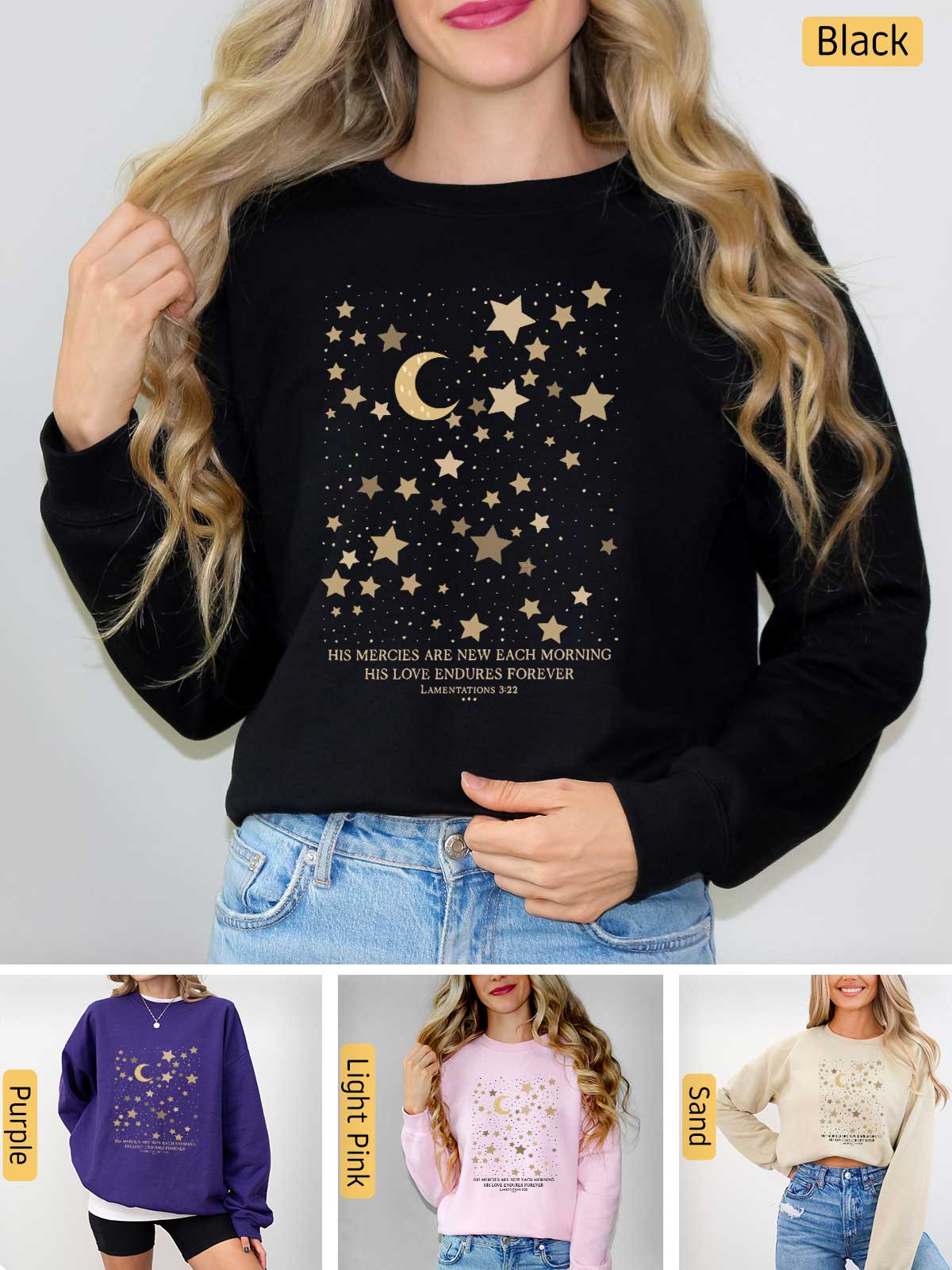 a woman wearing a sweatshirt with stars and a moon on it