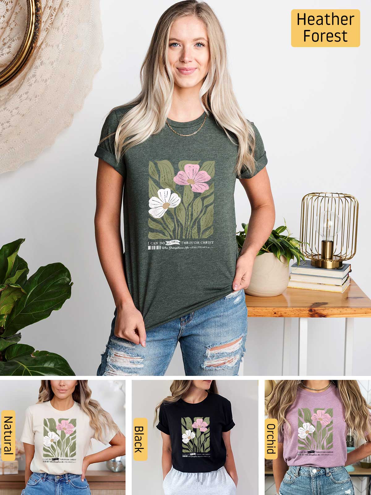 a woman wearing a t - shirt with flowers on it