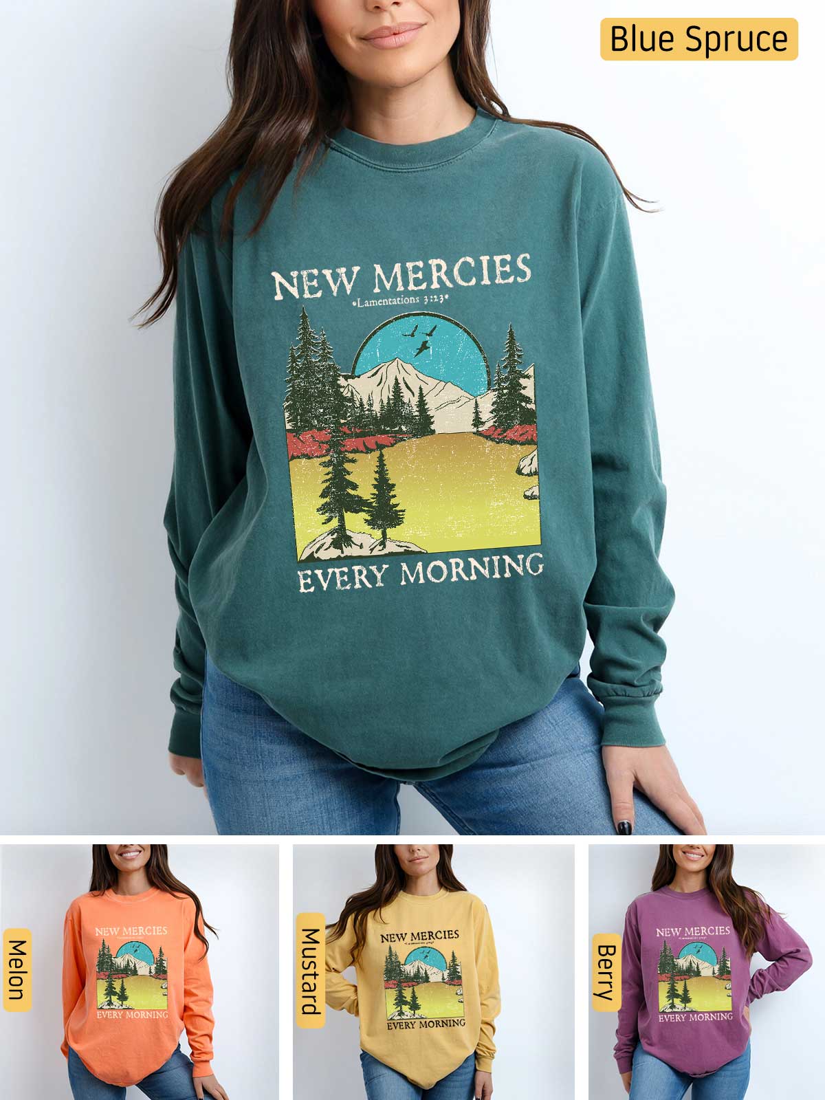 a woman wearing a new mercies every morning sweatshirt