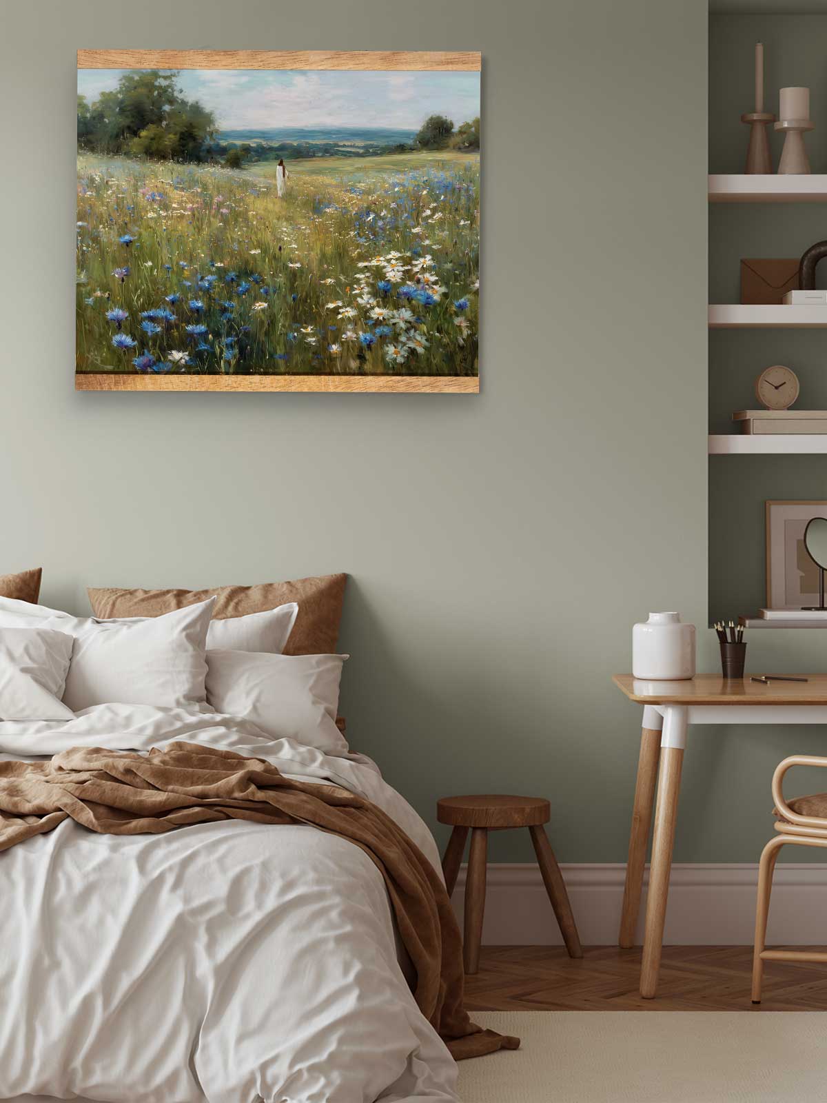 a serene bedroom scene with a bed, wooden furniture, and a painting of a field of flowers hanging on the wall.