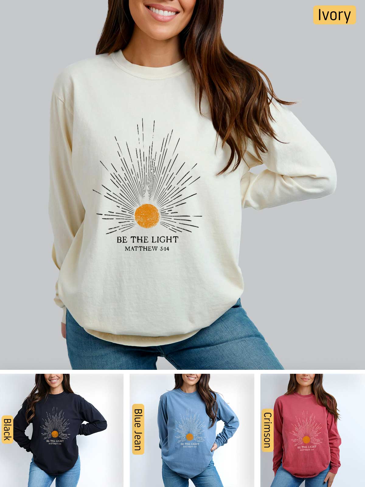 a woman wearing a sweatshirt that says be the light