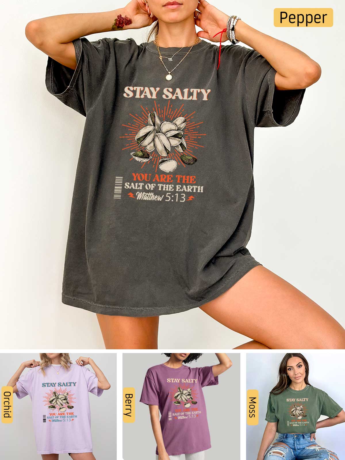 a woman wearing a t - shirt that says stay salty