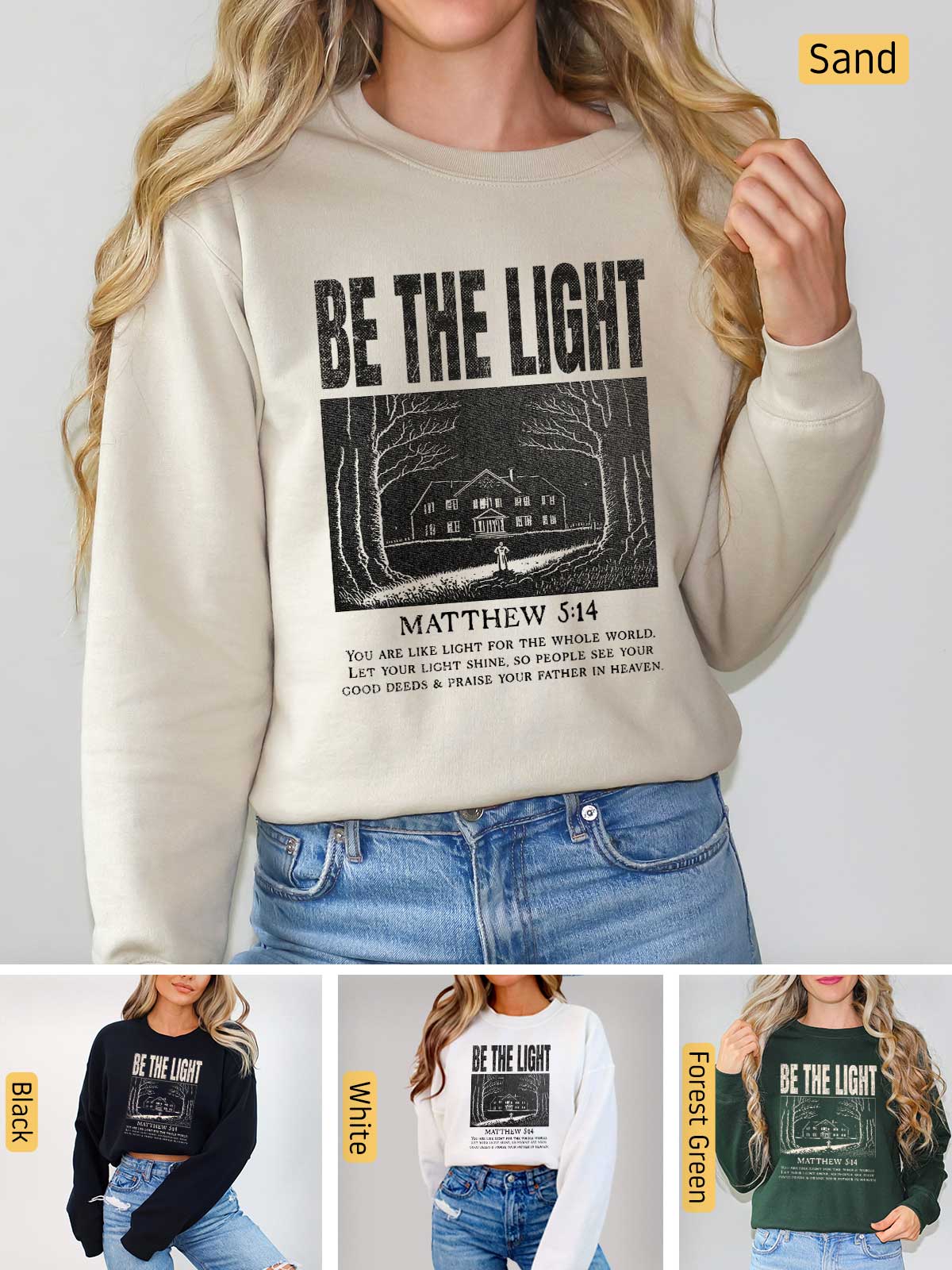 a woman wearing a sweatshirt that says be the light