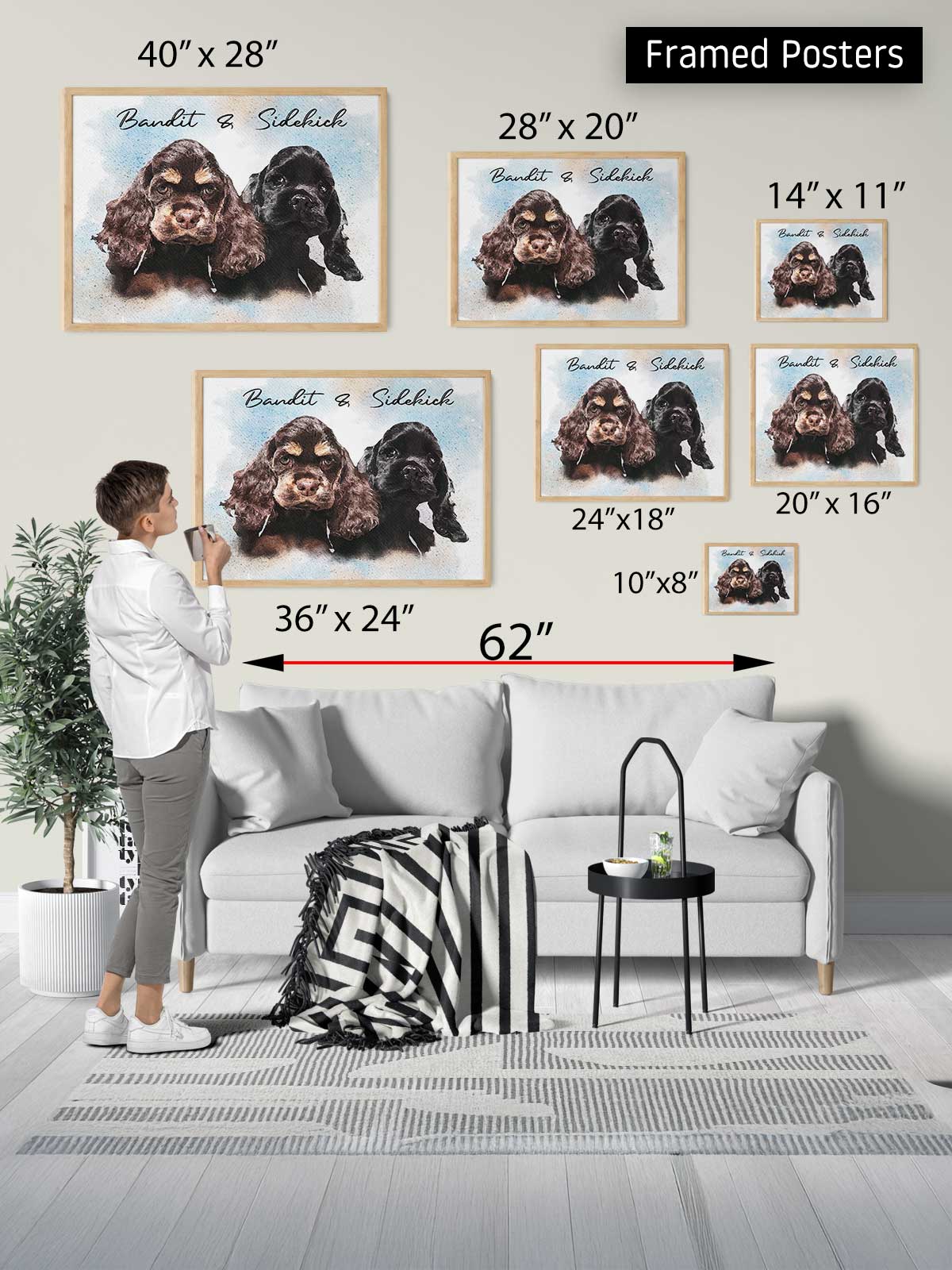The image is a framed poster display in a living room, featuring a person standing next to a couch. The poster sizes range from 40" x 28" to 60" x 24" and the dimensions are provided alongside each frame.
