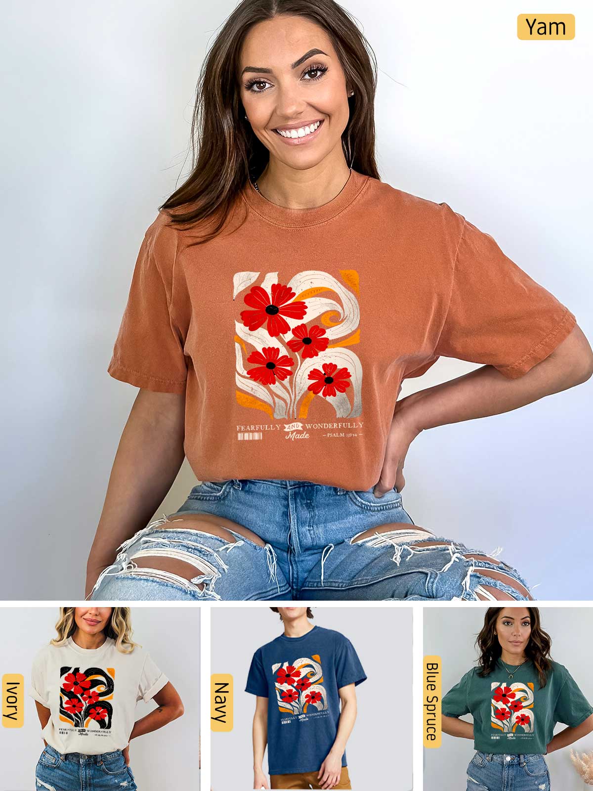 a woman wearing a t - shirt with flowers on it