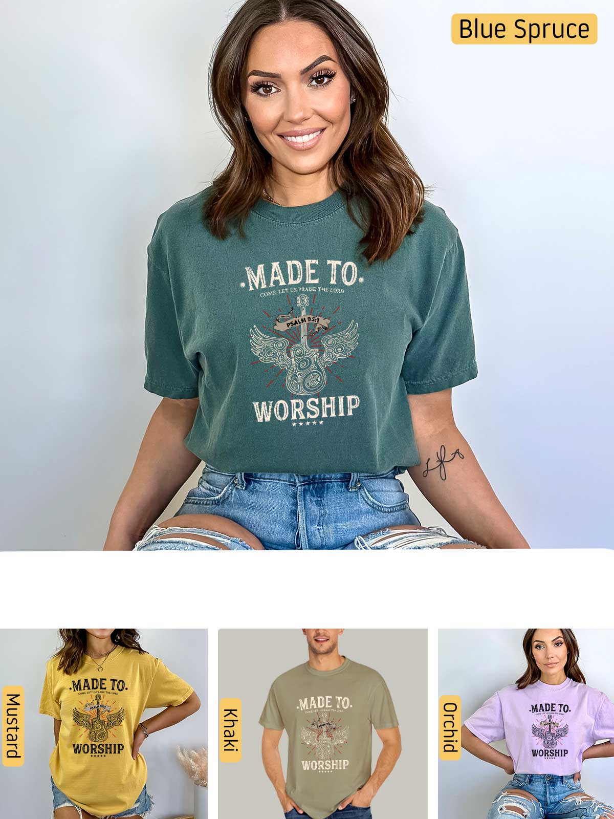 a woman wearing a t - shirt that says made to worship