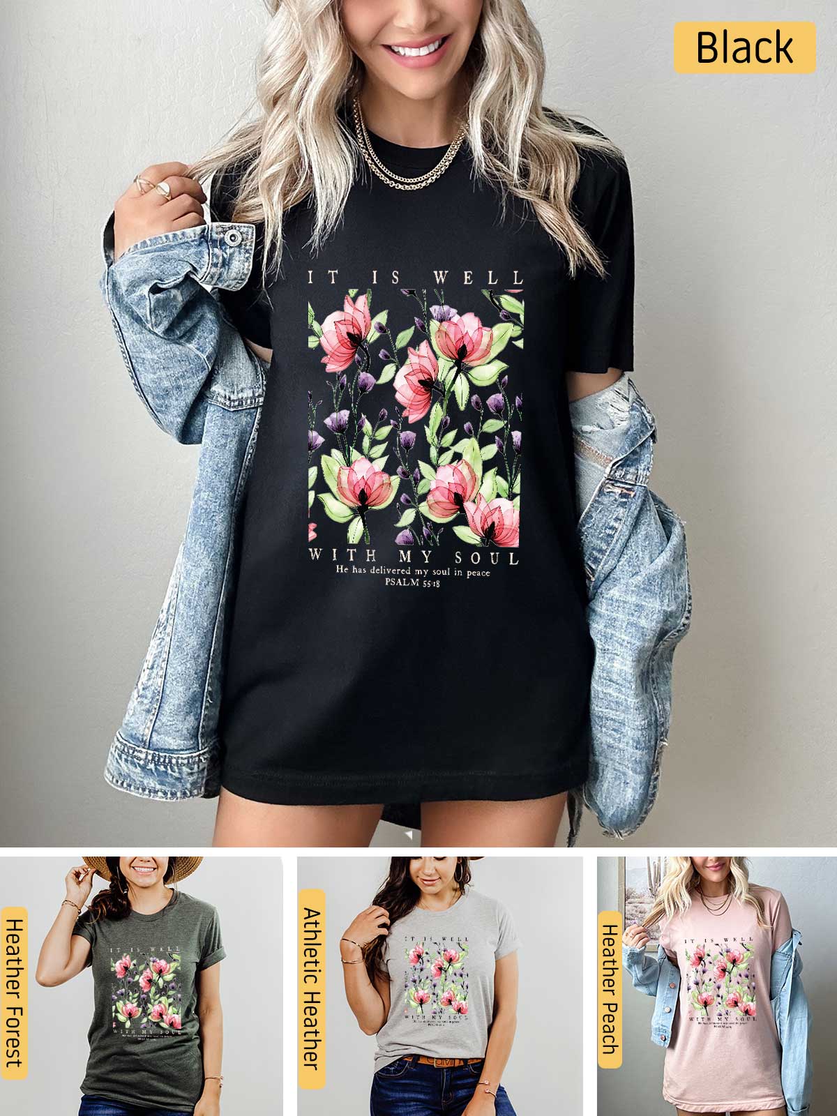 a woman wearing a t - shirt with flowers on it