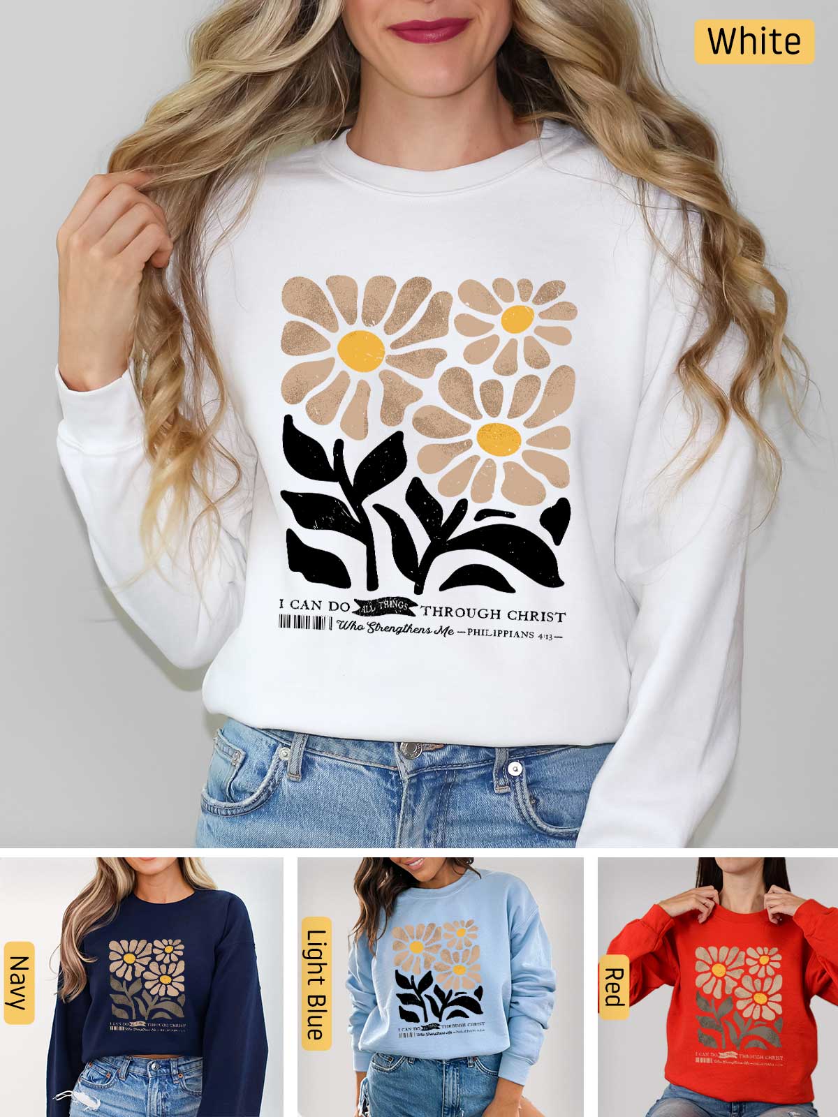 a woman wearing a sweatshirt with flowers on it