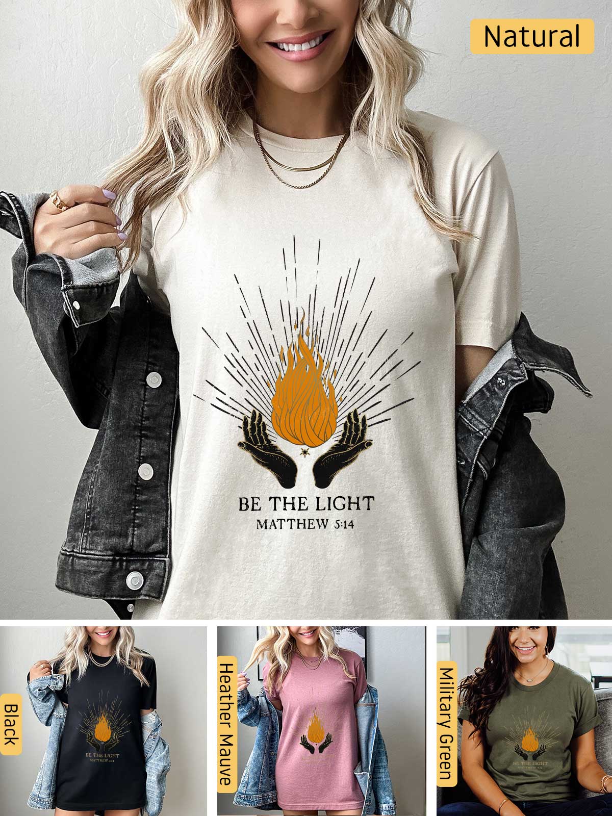 a woman wearing a t - shirt that says be the light