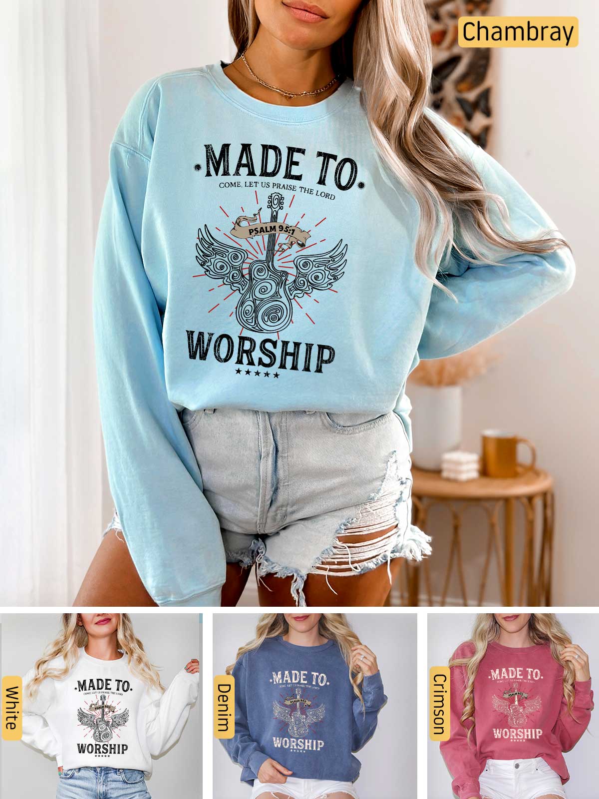 a woman wearing a sweatshirt that says made to worship