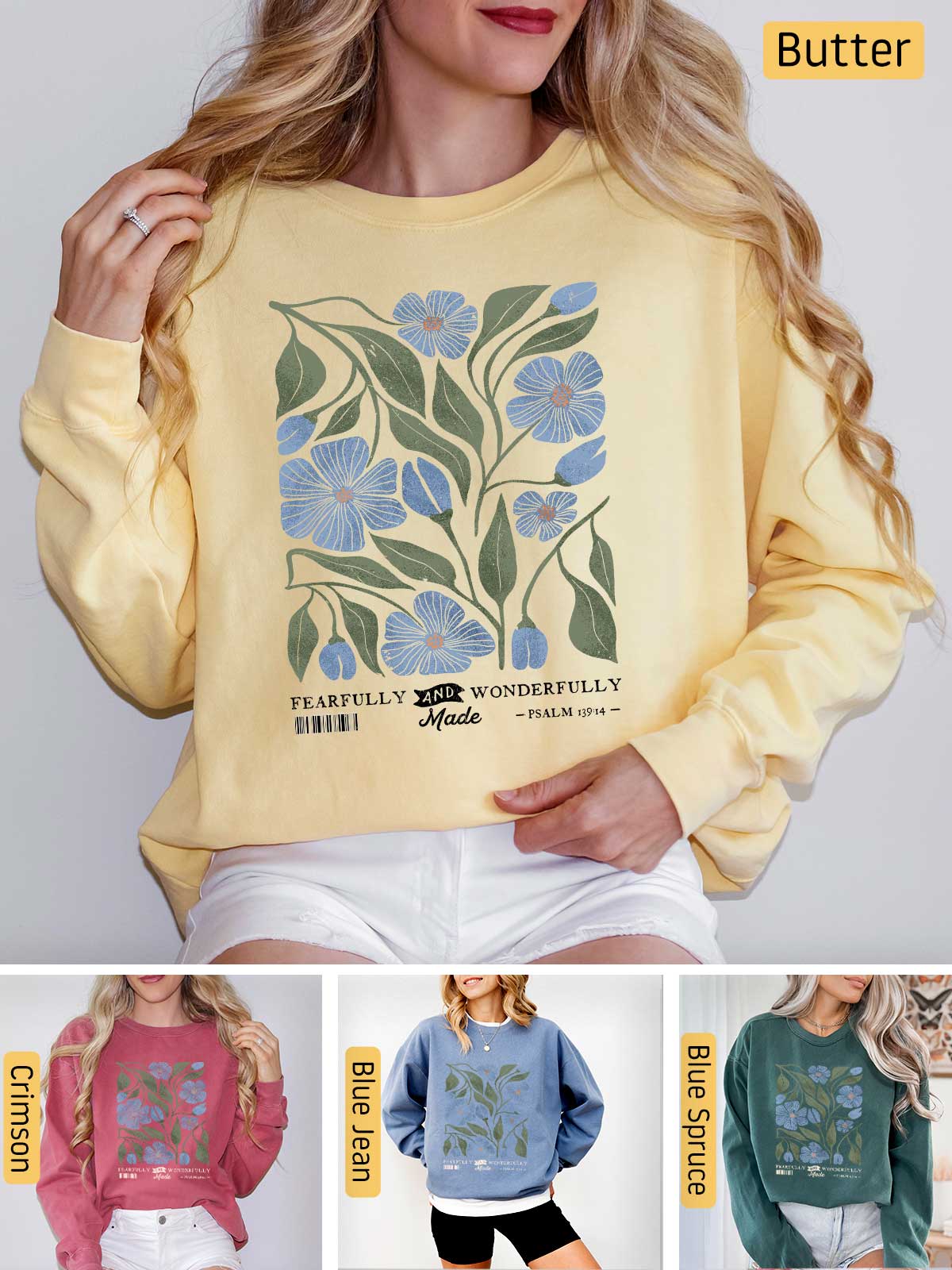 a woman wearing a yellow sweatshirt with blue flowers on it