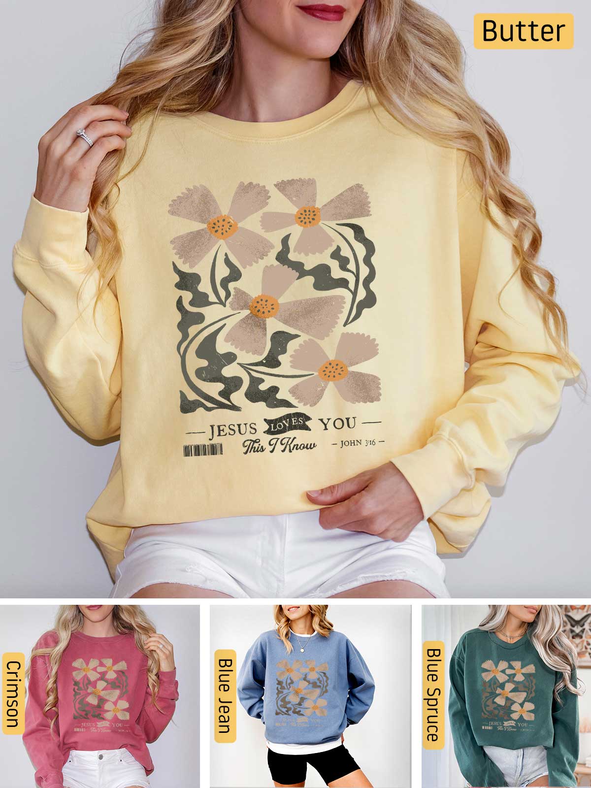 a woman wearing a sweatshirt with flowers on it