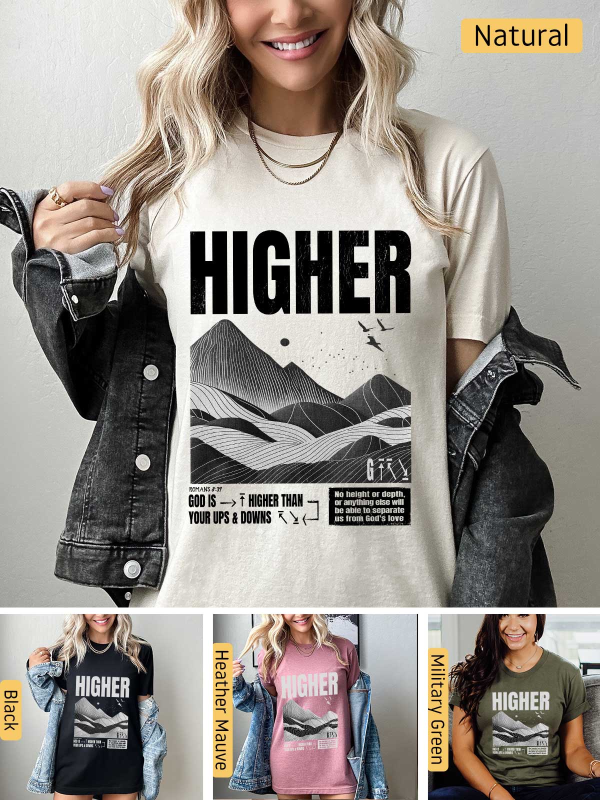 a woman wearing a t - shirt with the words higher printed on it