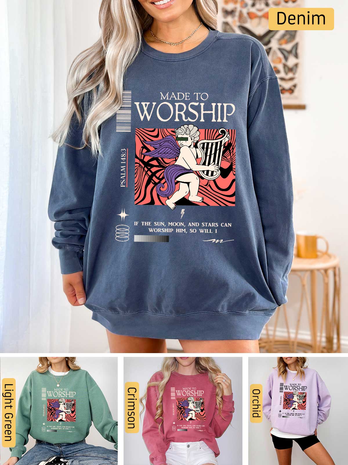 a woman wearing a sweatshirt with the words made to worship on it