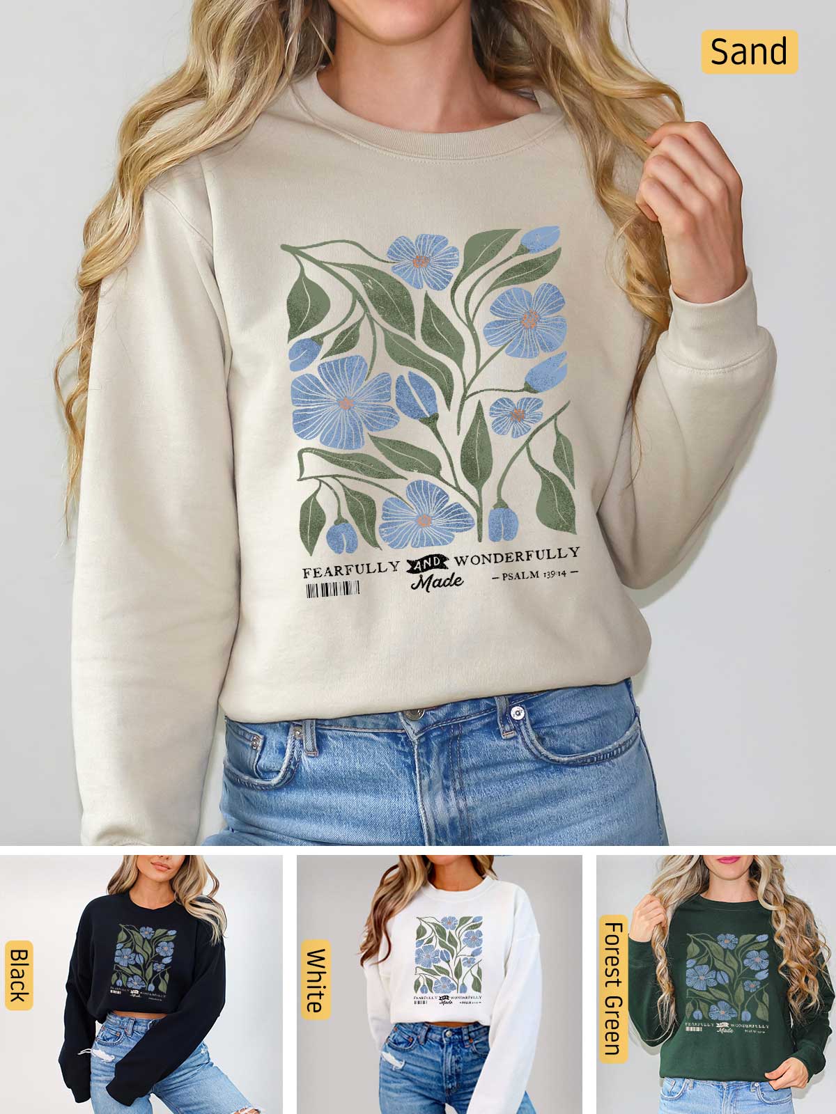 a woman wearing a sweatshirt with flowers on it