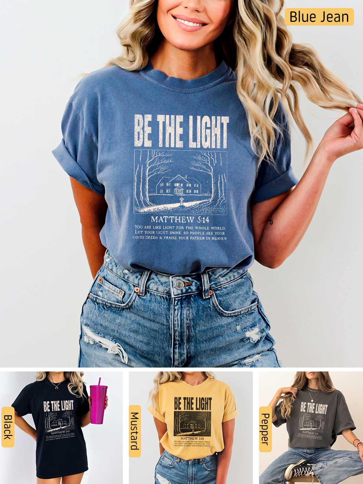 a woman wearing a t - shirt that says be the light