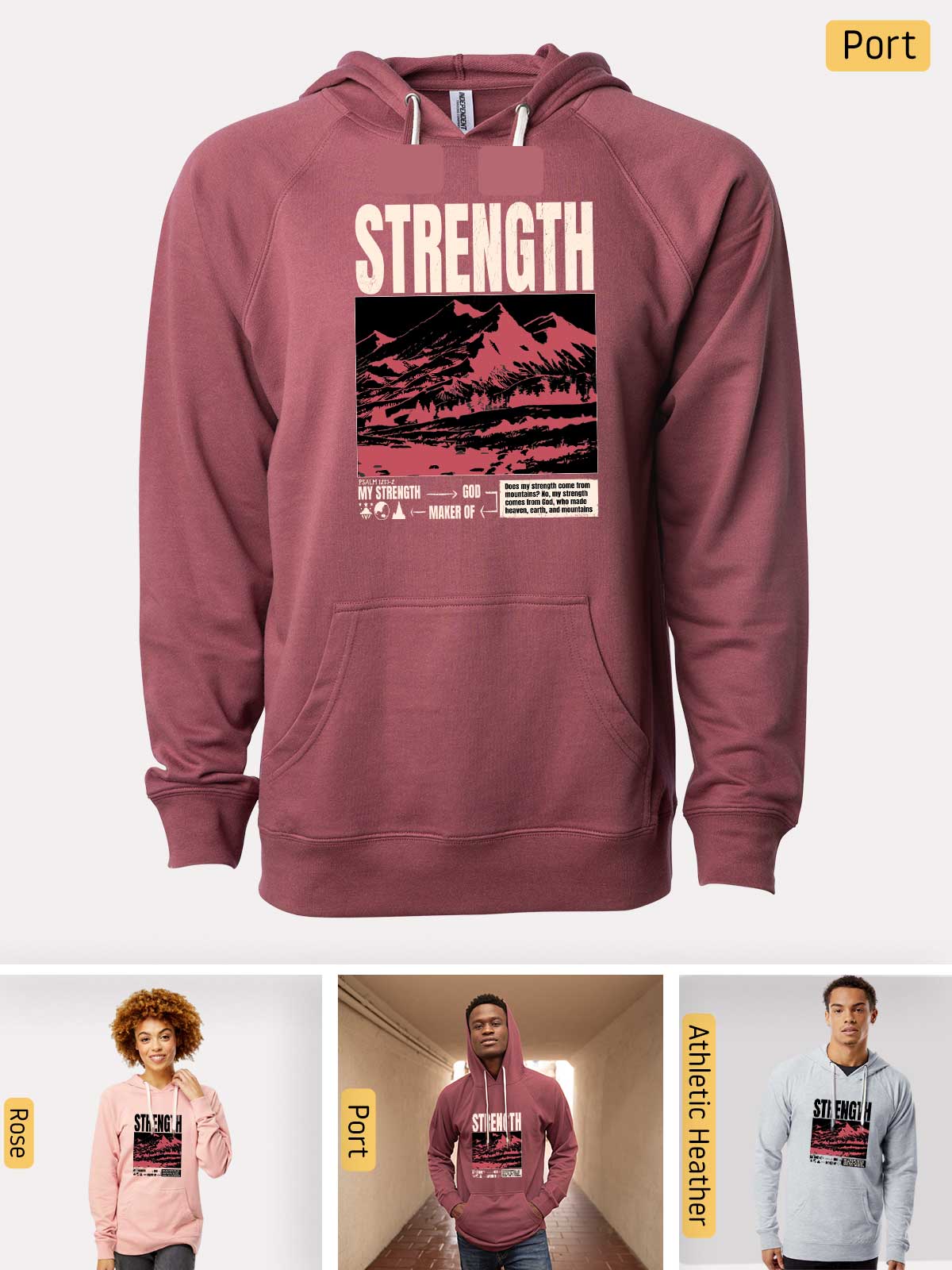 a man wearing a maroon hoodie with the words strength on it