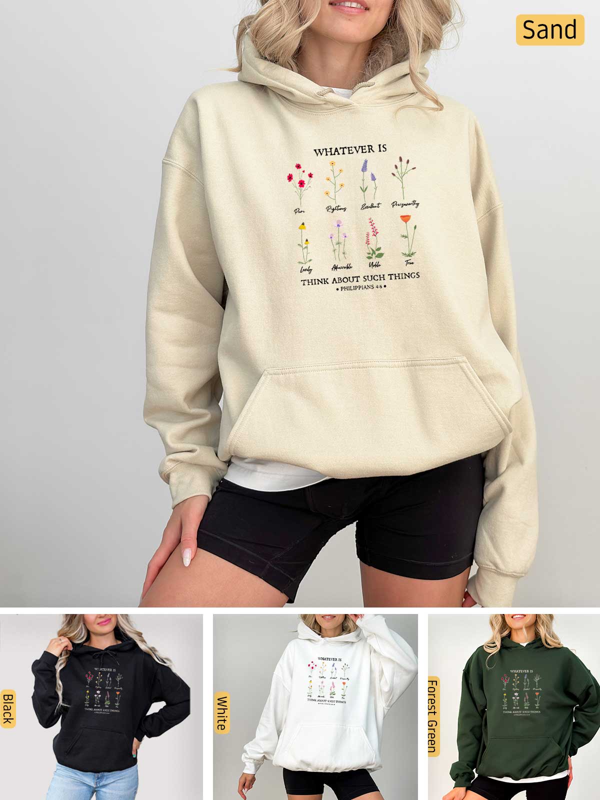 a woman wearing a sweatshirt with the words whatever is wine on it