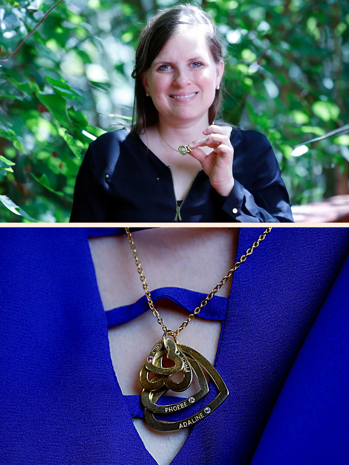 a woman wearing a blue shirt and a gold necklace