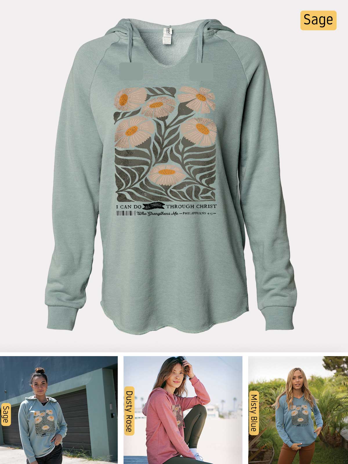 a women's sweatshirt with a picture of a woman sitting on a bench