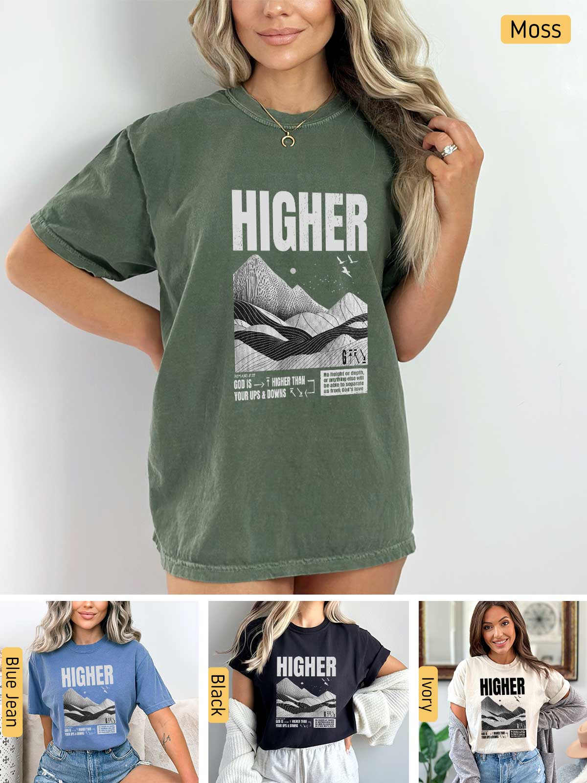 a woman wearing a t - shirt with the words higher on it