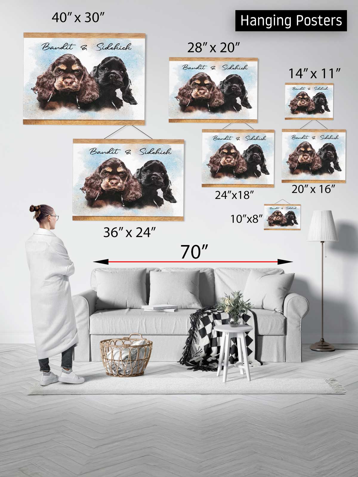 The image is a collage of various sizes of posters depicting dogs, with a person standing in front of the collage. The posters are arranged in a way that allows for easy comparison of their sizes.