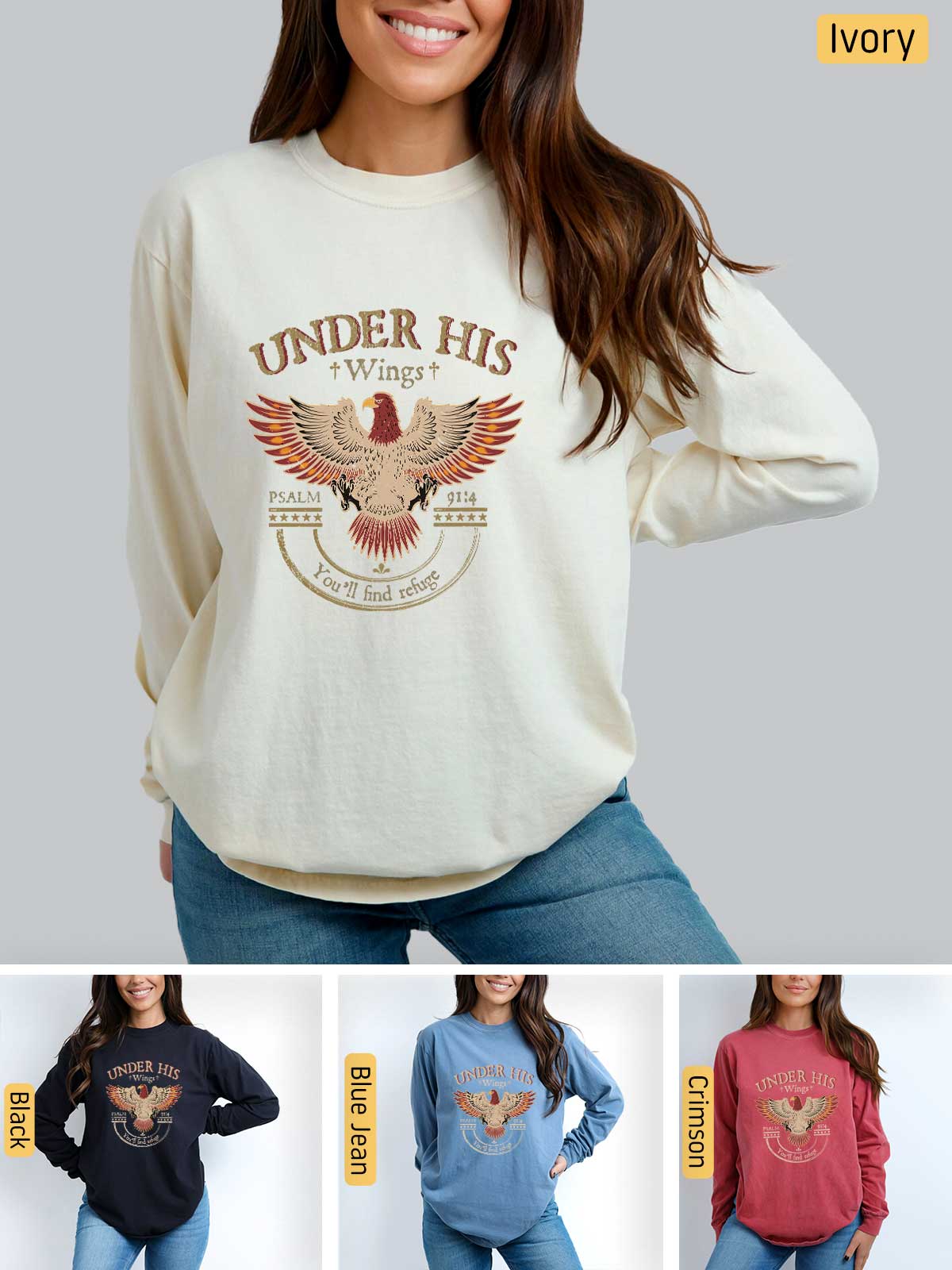 a woman wearing a sweater with the words under his wings on it