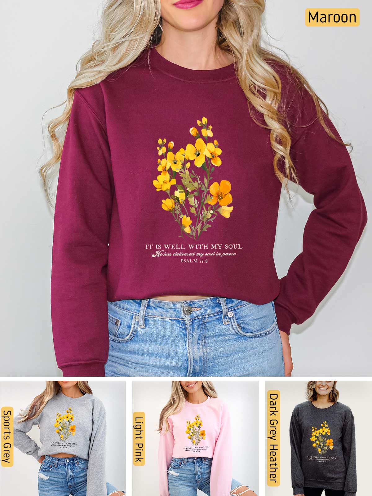 a woman wearing a sweatshirt with flowers on it