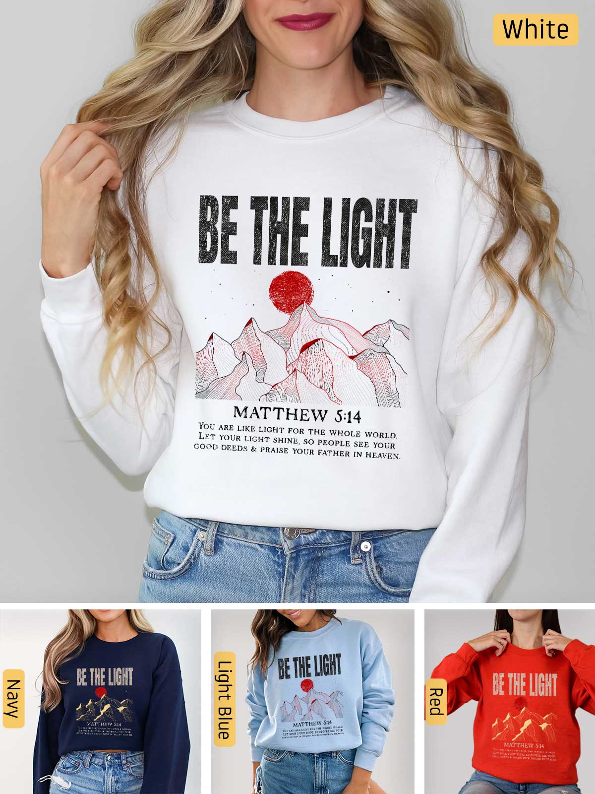 a woman wearing a sweatshirt with the words be the light on it