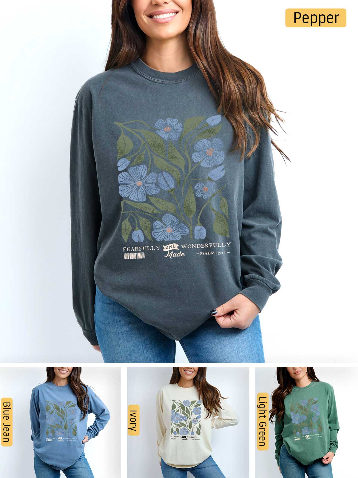 a woman wearing a sweatshirt with flowers on it