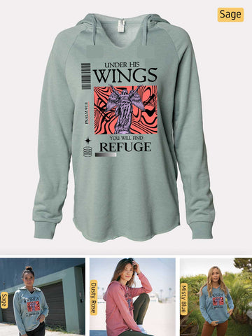 Under His Wings You will find Refuge - Psalm 91:4 - Lightweight, Cali Wave-washed Women's Hooded Sweatshirt