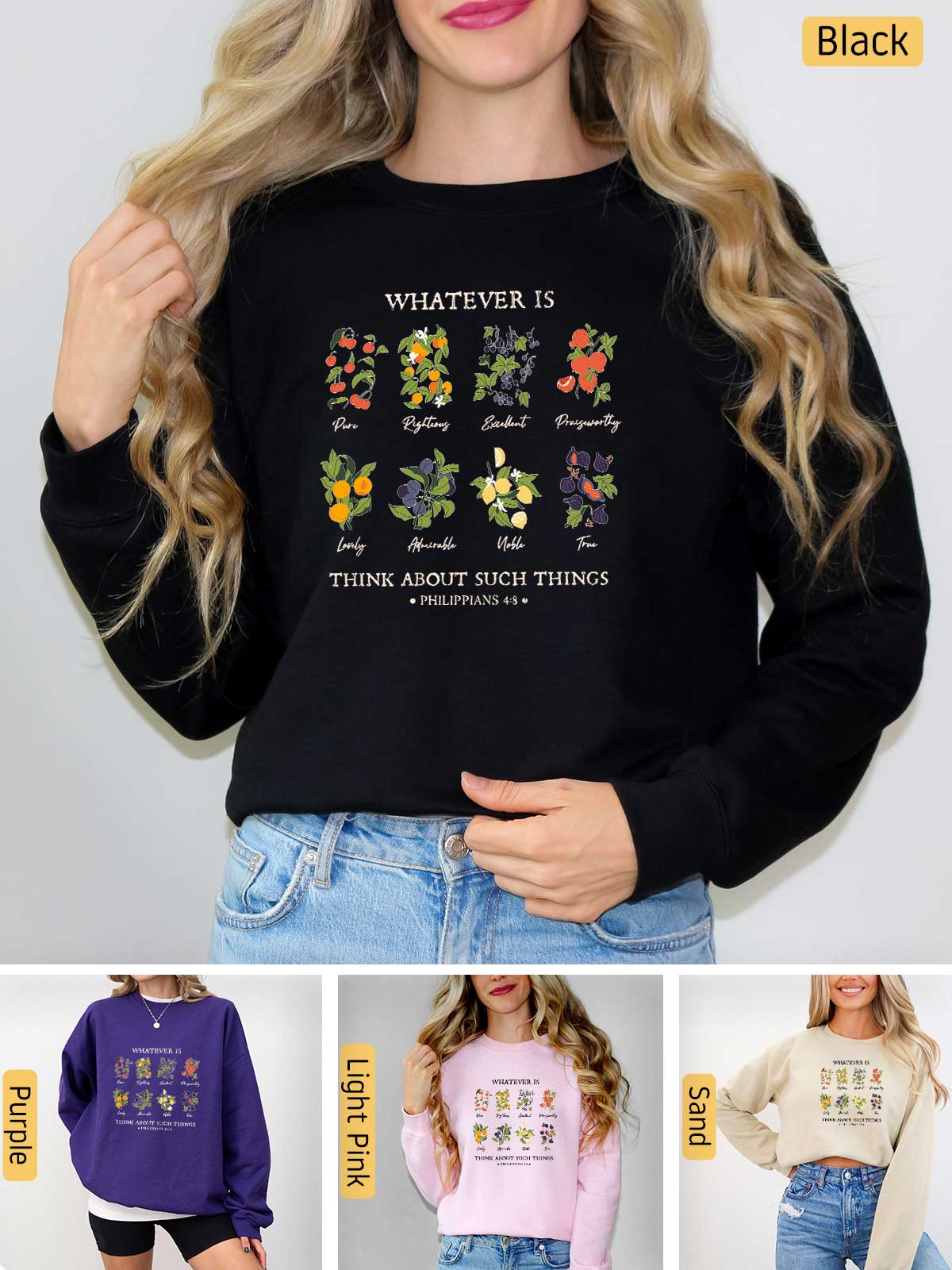 a woman wearing a sweater with flowers on it