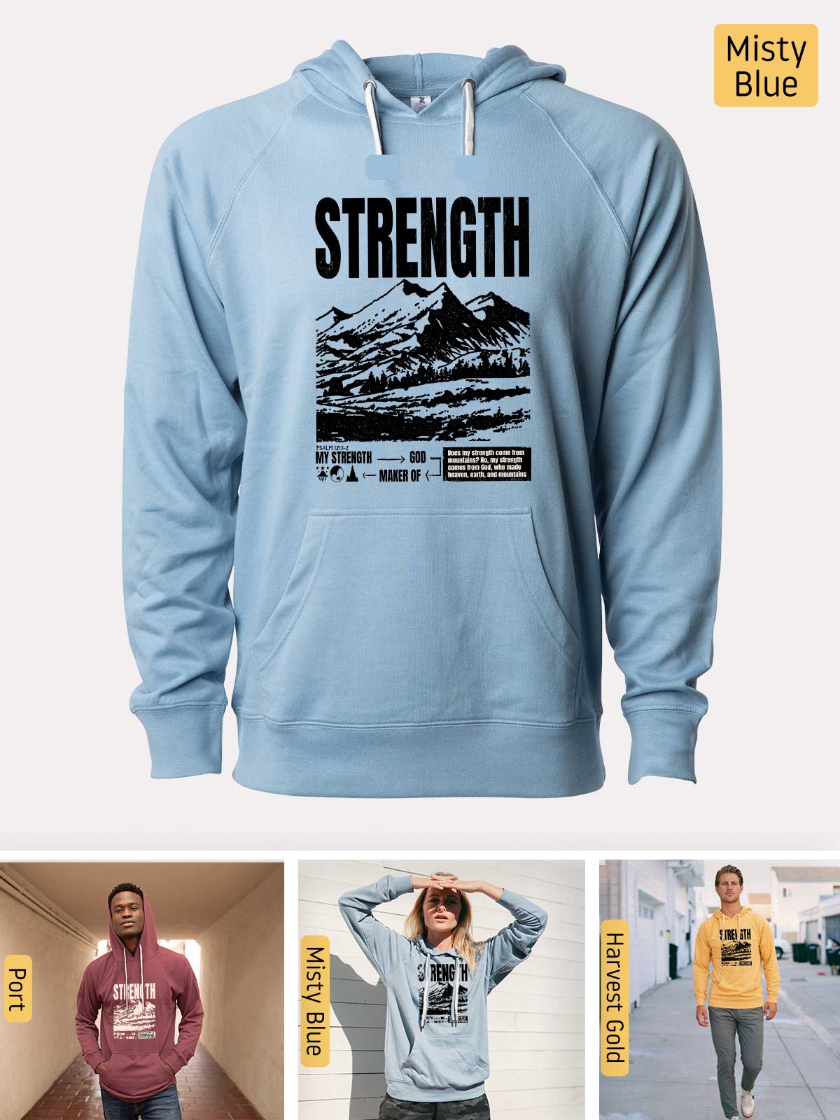 a man wearing a blue hoodie with a mountain scene on it